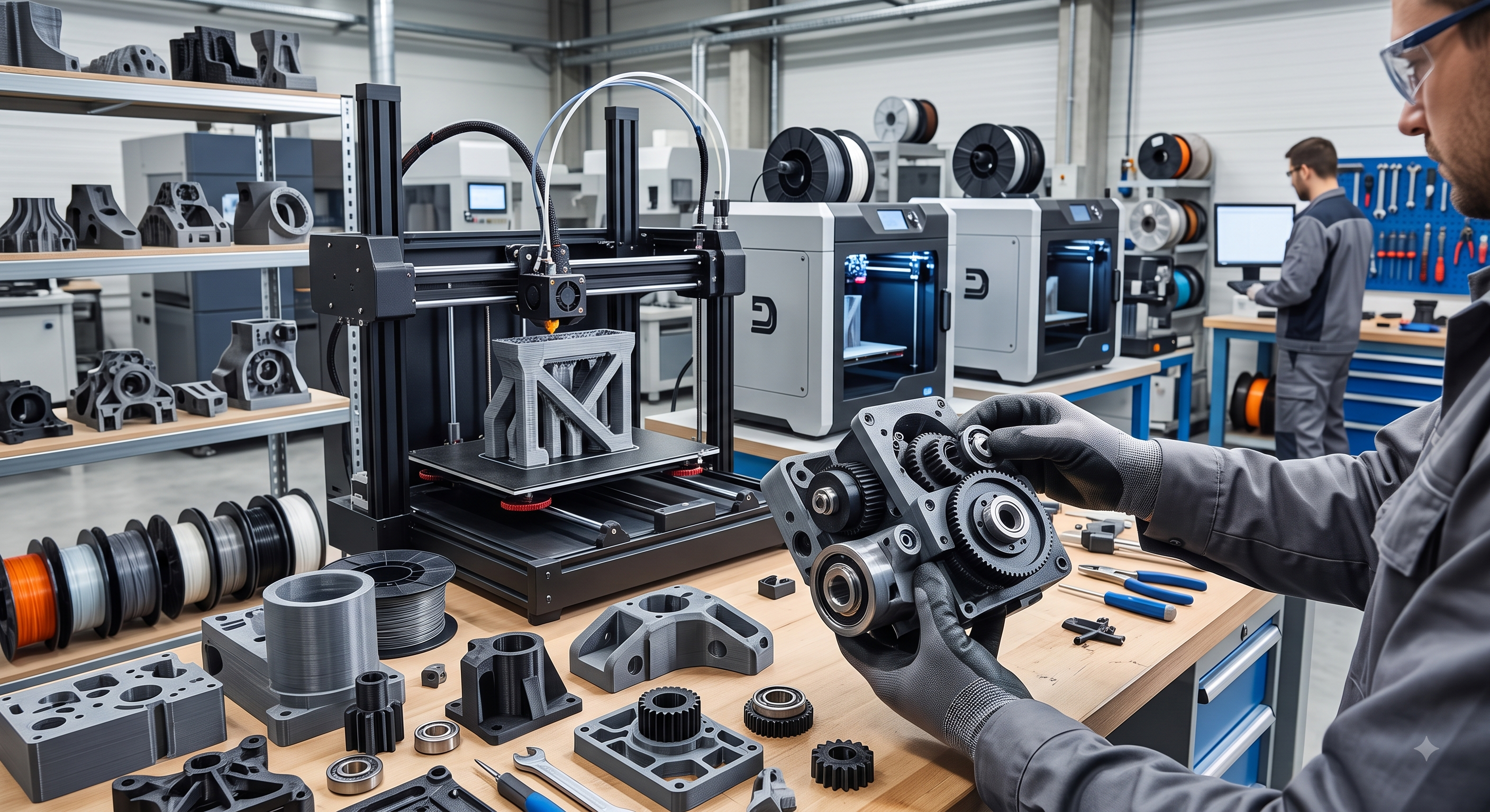 Impressora 3D produzindo peça técnica de precisão
